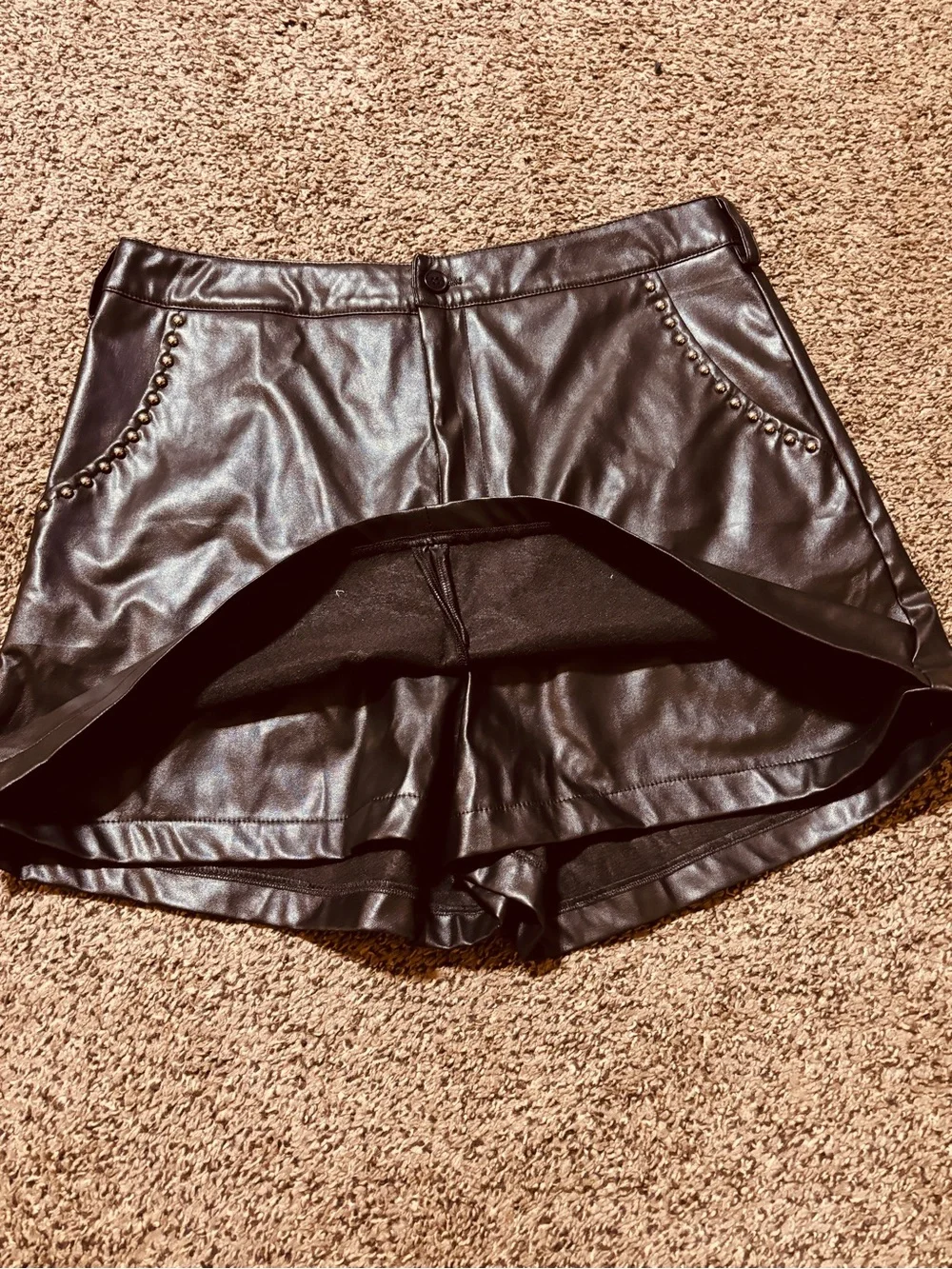 Flying Tomato Black High-Waist Faux Leather Shorts with Studded Pockets Festival